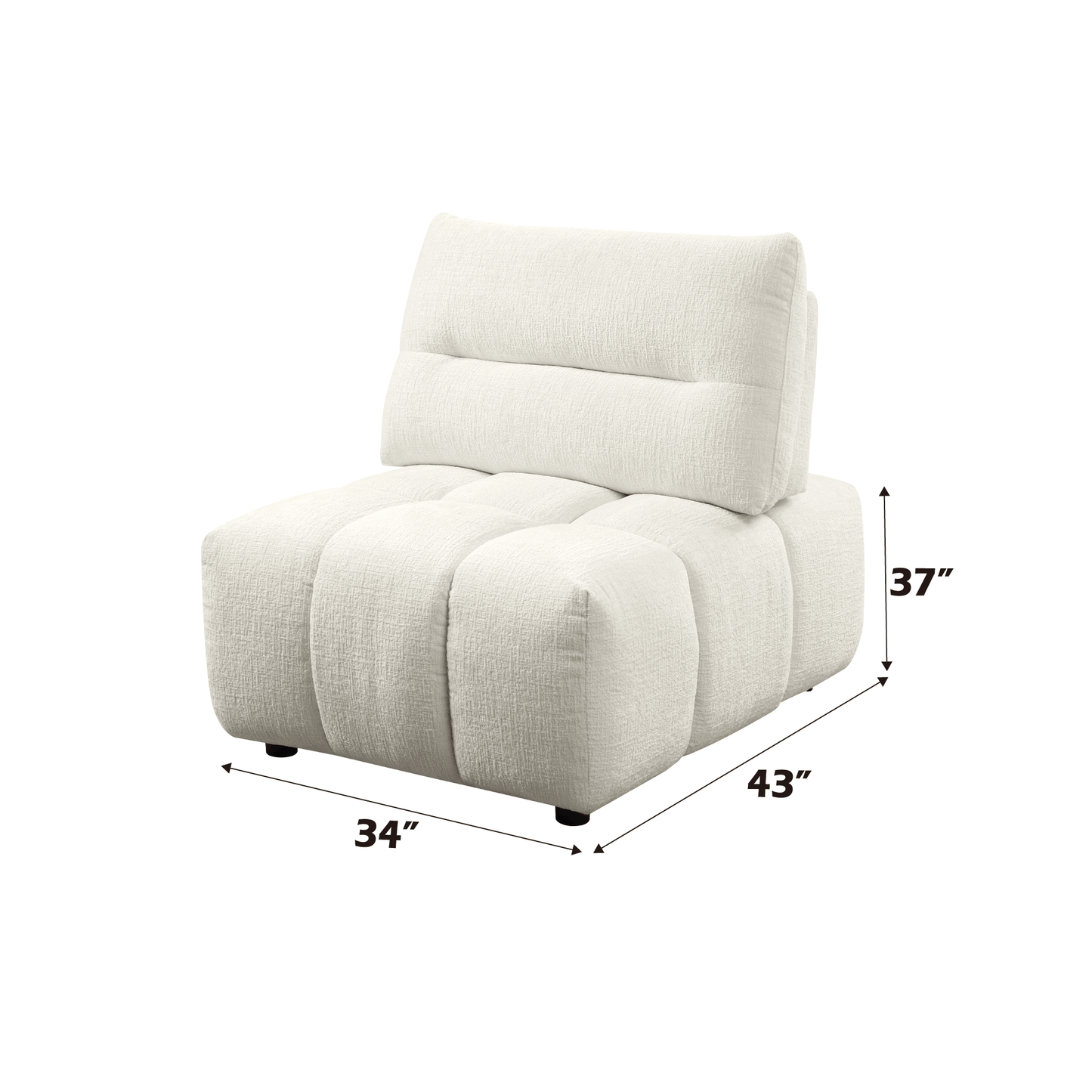 Beige Modular Sectional with Chaise & Ottoman single seat image showcasing dimensions 34" x 43" x 37".