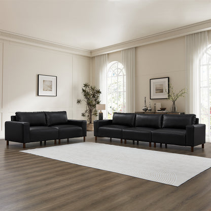 Malcolm Black Faux Leather Sofa and Loveseat Set – 112" Sofa & 78.5" Loveseat, Mid-Century Modern