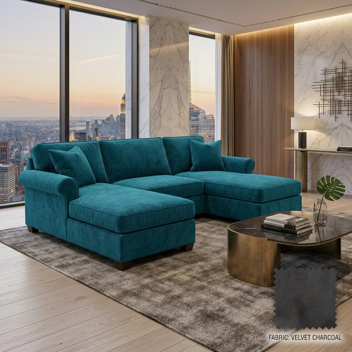Irlanda Upholstered L-Shaped Sectional – 120" Made-in-USA Sectional Sofa - Velvet Antique Peacock - Velvet (13)