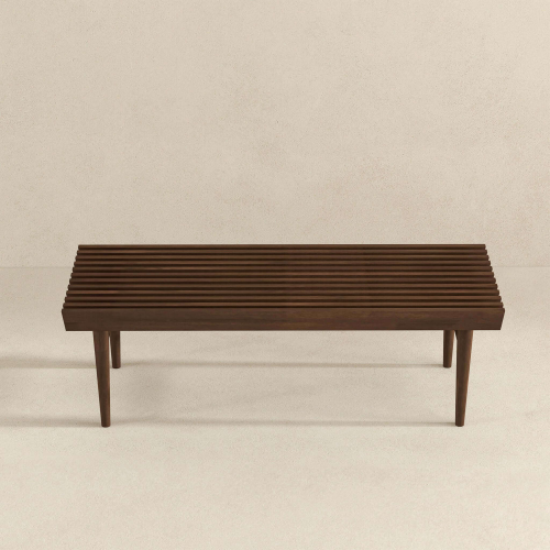 Mia Solid Teak Wood Bench – 47” Slatted Walnut Bench (Mid-Century Modern Accent Seating) on a neutral background.
