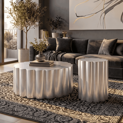 Keaton Silver Scalloped Aluminum Coffee Table Set – 2-Piece Coffee Table & End Table
