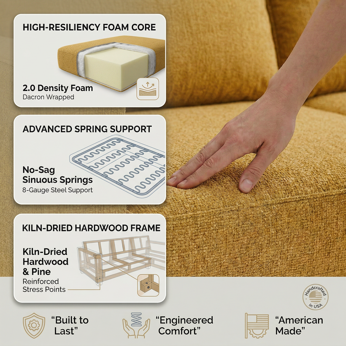 Damon L-Shaped Sectional Sofa – 120" Chaise Sectional in Fabric & Velvet - Yellow Hepburn Chai Tea Fabric (11)