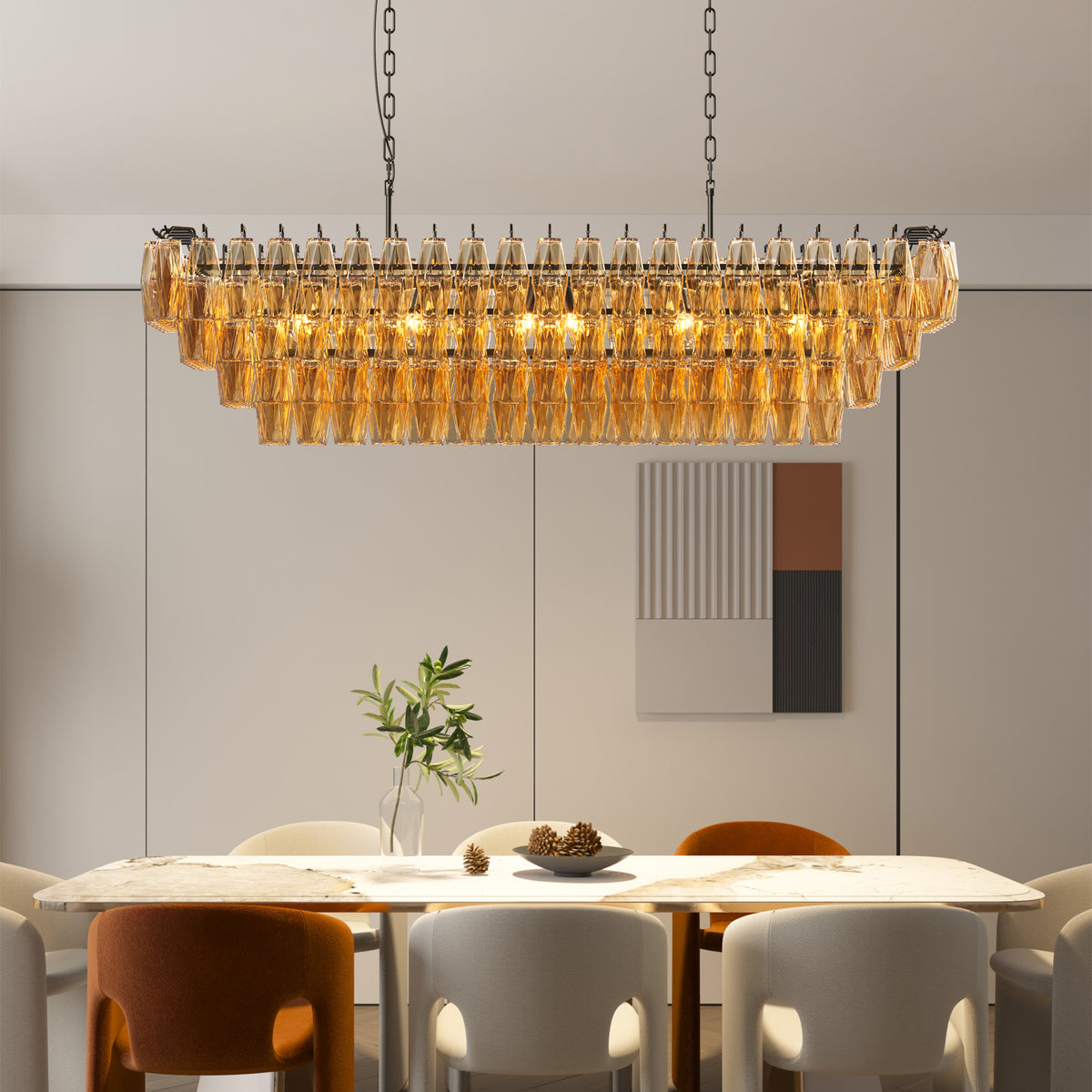 54" Black Rectangular Chandelier, 12-Light 4-Tiered Large Smoke Glass Chandelier
