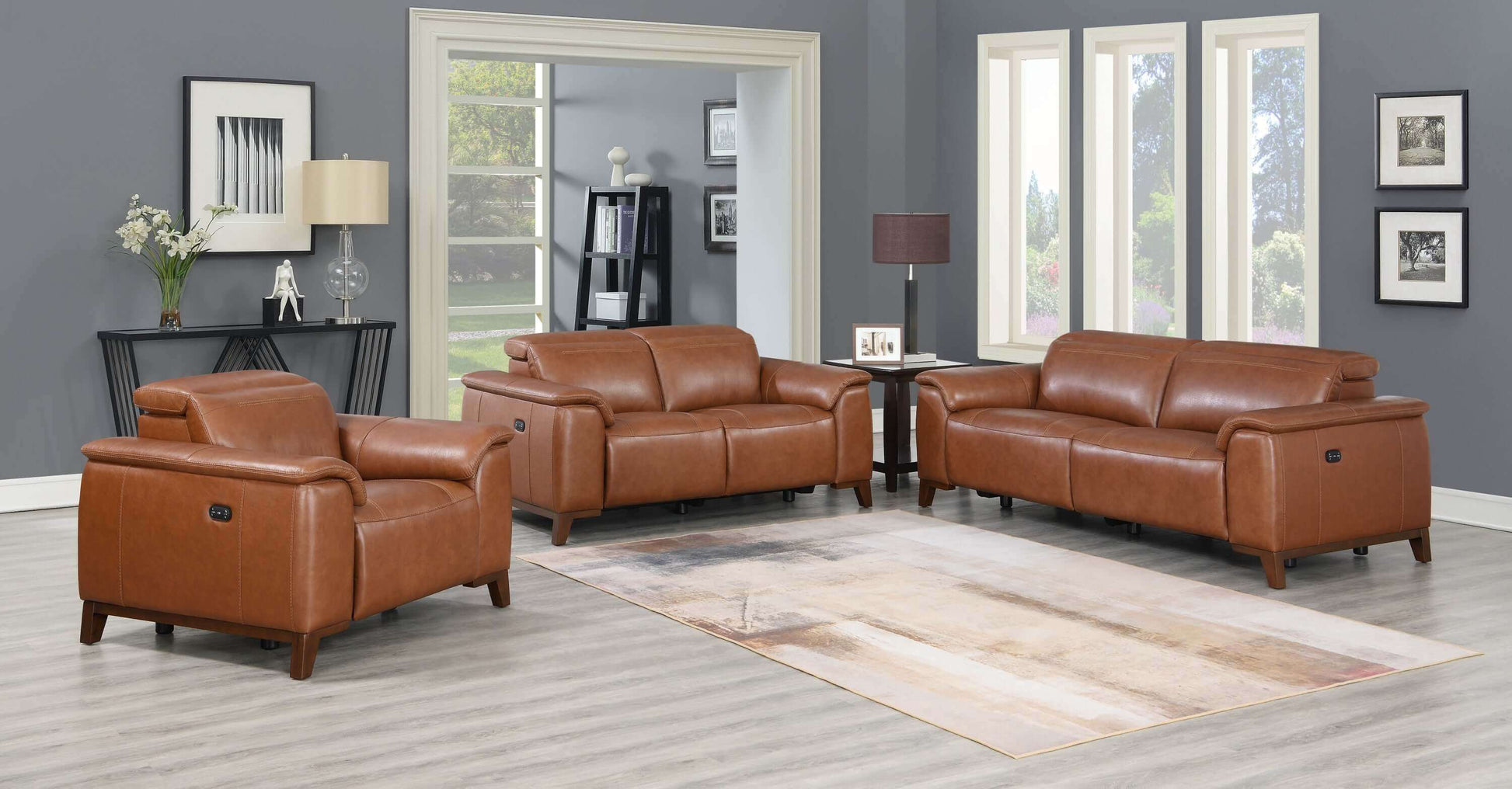 Dual-Power Brown Leather Reclining Sofa 83" - Power Headrest & Padded Armrests - Revel Sofa 