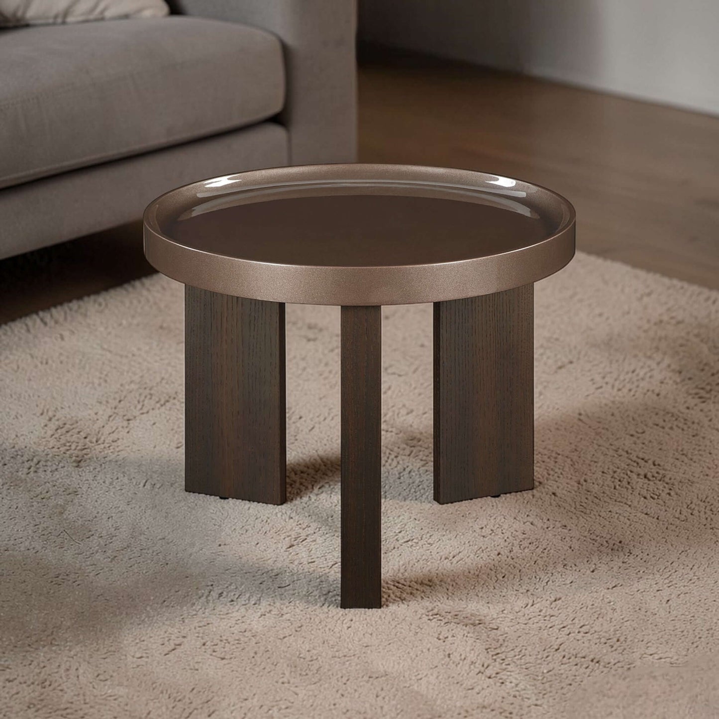 Lakita Round High Gloss & Smoked Oak Finish End Table 24" with dark blond high gloss top and smoked oak base.