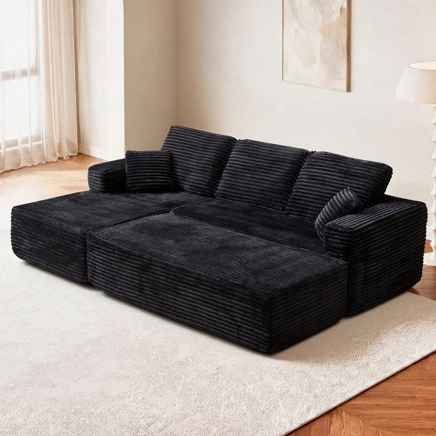 Emberly Plush Fabric Modular Sectional Sofa – 100.39" Black L-Shape with Chaise