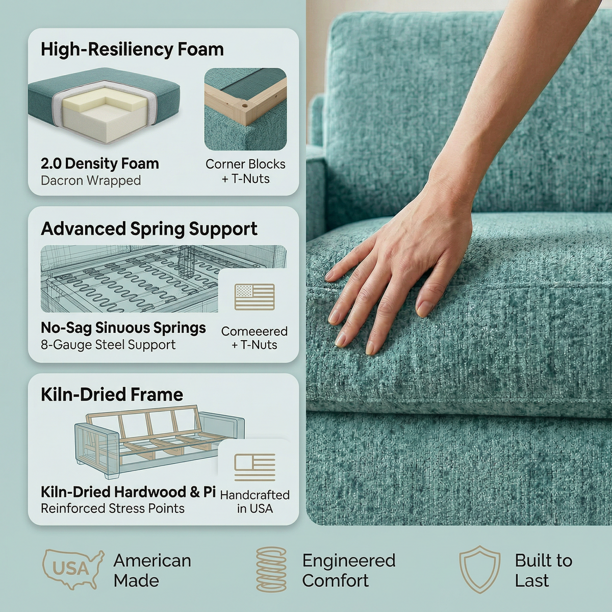 Modena Sofa 92" – Made in USA Square-Arm Sofa (7 Fabrics) - Hepburn Emerald - Fabric (6)