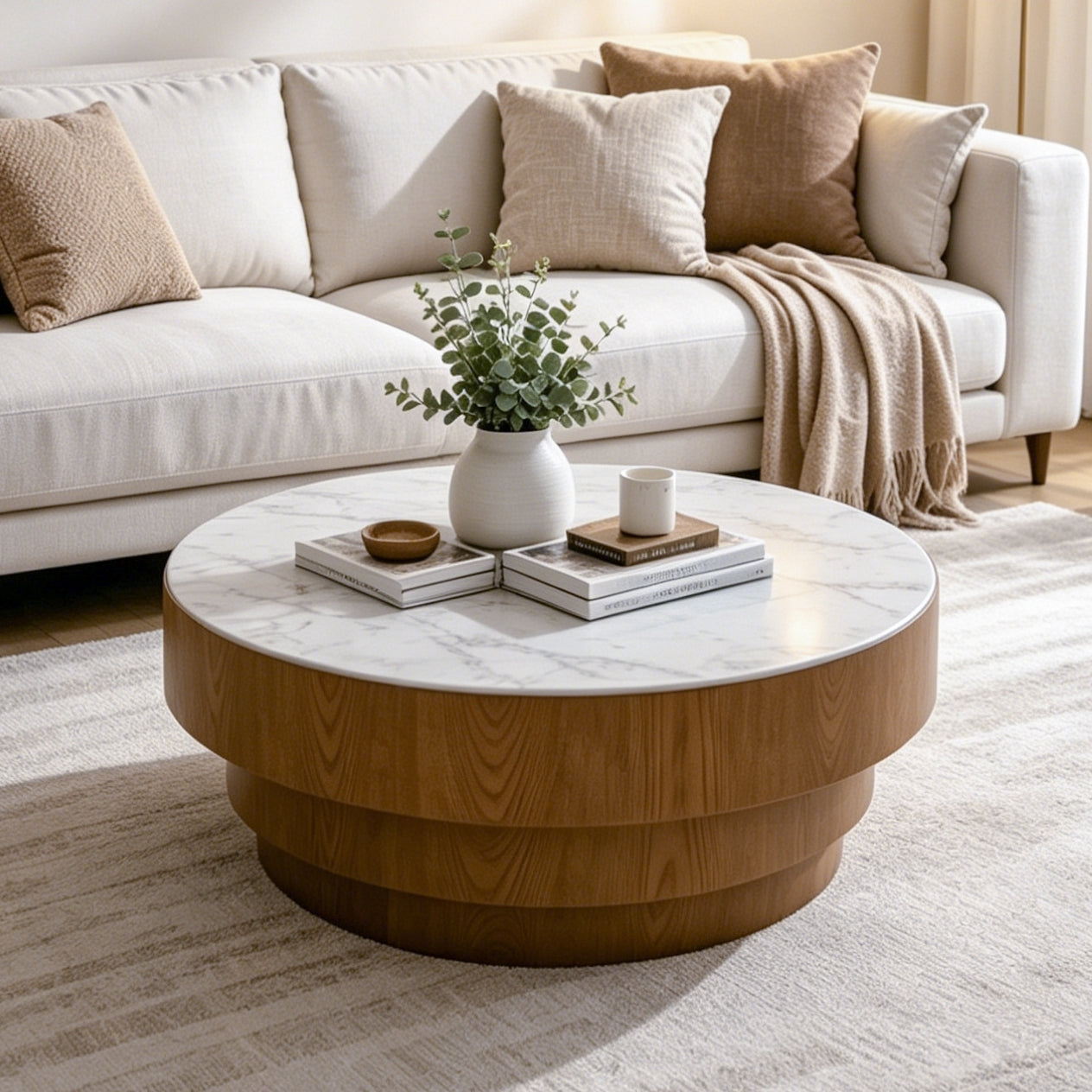 Nils White Sintered Stone Round Coffee Table – 31.5" Tiered Wood-Base Coffee Table