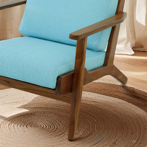 Connor Solid Wood Linen Armchair – Mid-Century Modern Lounge Chair (4 Colors) in blue linen upholstery with wooden frame.