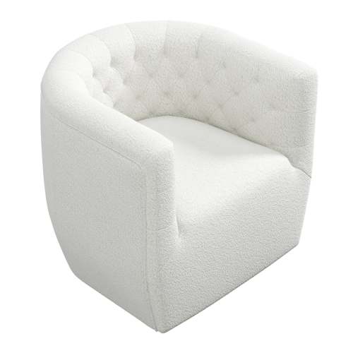 Delaney Tufted Swivel Barrel Chair – Modern Accent Chair (Multiple Colors & Fabrics) in white fabric with tufted back.