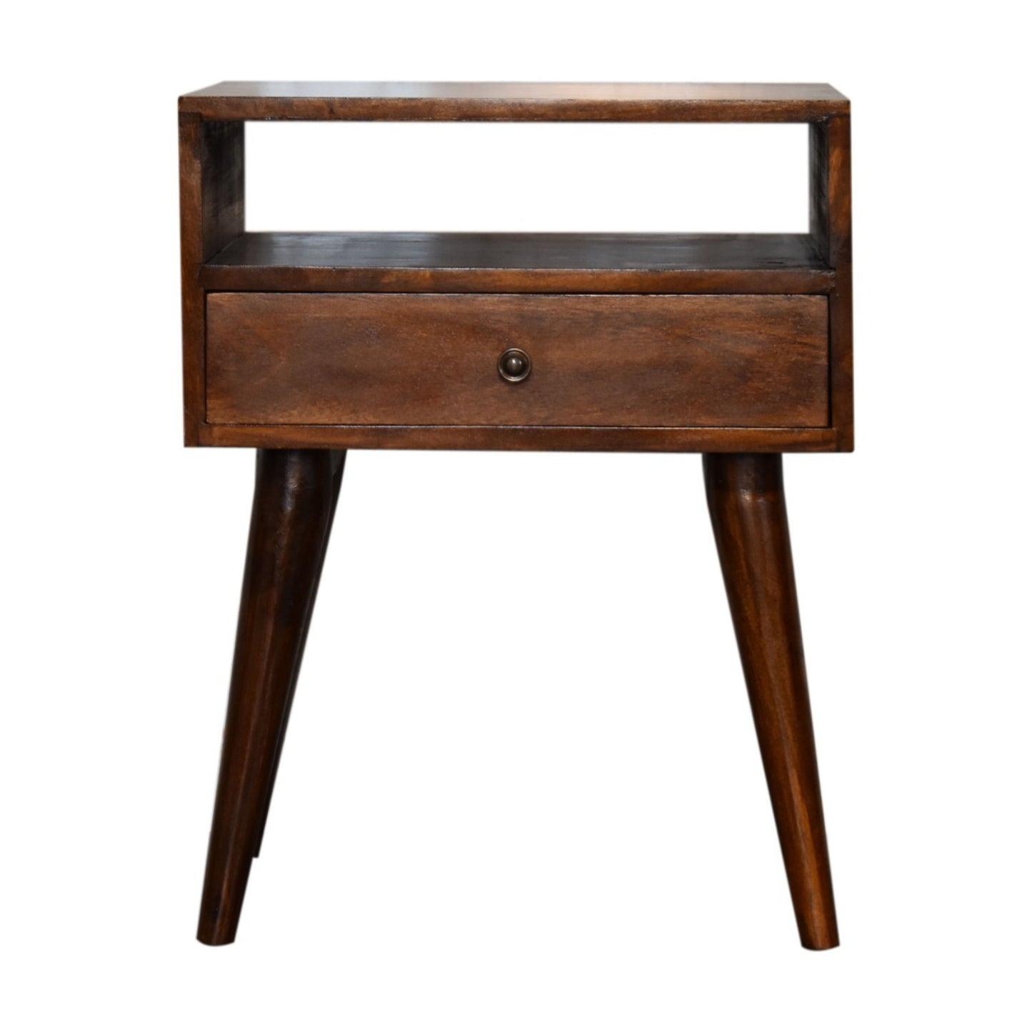 Sona Chestnut Mango Wood Nightstand – 17.7" 1-Drawer Bedside Table with Shelf