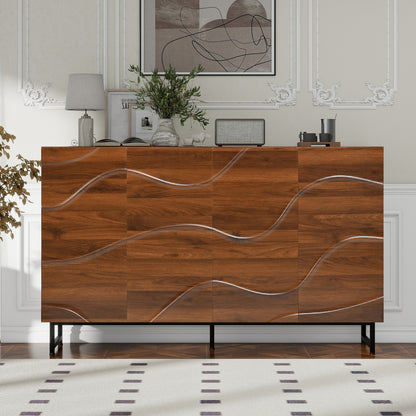 Modern Art Solid Wood Sideboard, Wave Relief Design, Walnut Texture, Iron Legs, Living Room Storage Cabinet