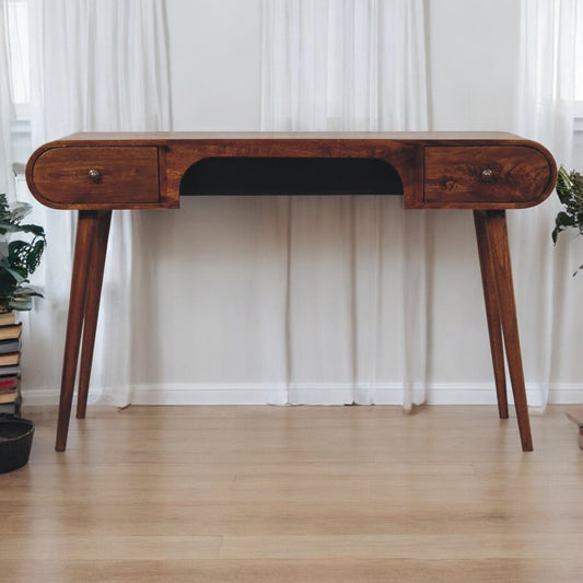 Stellan Chestnut Mango Wood Writing Desk – 53.5" 2-Drawer Desk with Cut-Out Front