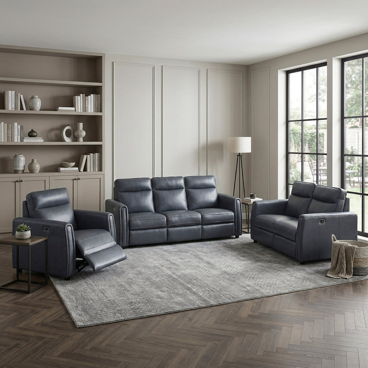 Ardley power reclining sofa, loveseat and chair set in navy faux leather