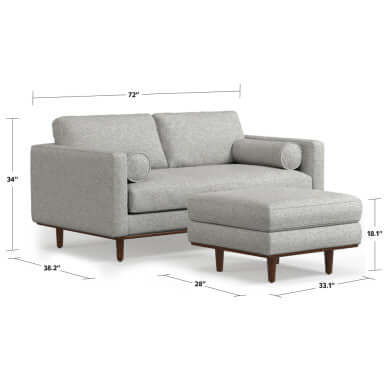 Morrison MCM Fabric Loveseat Sofa 72" – Modern Mid-Century Compact Loveseat (2 Colors) with ottoman dimensions.