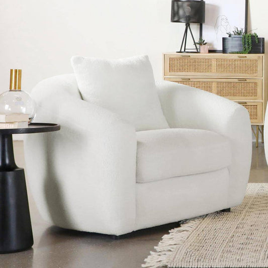 Isabella White Boucle Lounge Chair – Modern Tight Back Accent Chair in soft boucle texture and curved design.