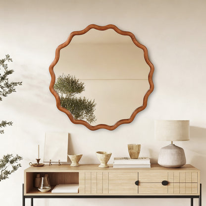 Yellowish Brown 36 inch Wavy Round Solid Wood Frame Decorative Mirror