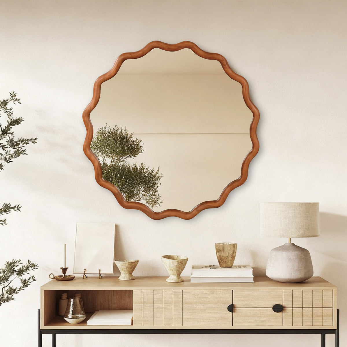 Otto Wavy Round Mirror in 36" Round / Yellow Brown