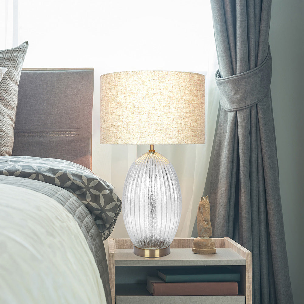 Aurora Ribbed Glass Table Lamp – 17" Clear Glass Lamp with Beige Shade