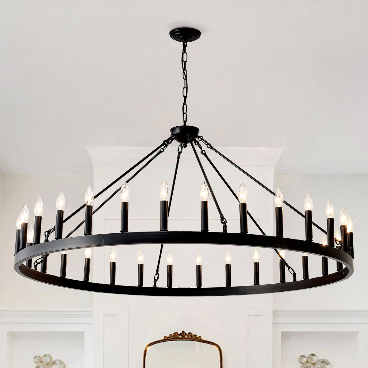 53.15 Inch Matte Black Wagon Wheel Chandelier With 30 Light (No Bulbs)-E12