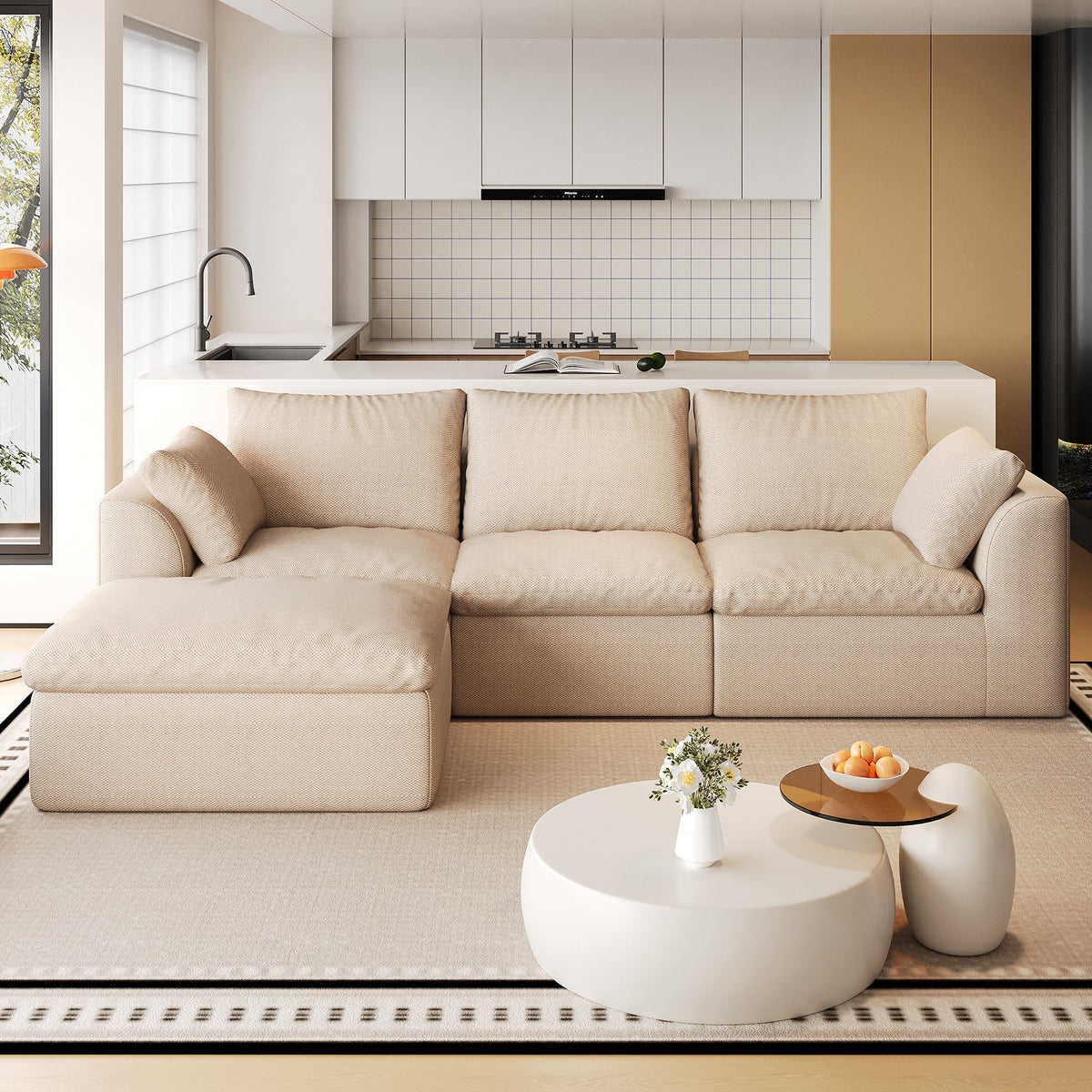 Pelham Cloud Modular Sectional in Khaki, 108.3" L-Shape, Single Chaise