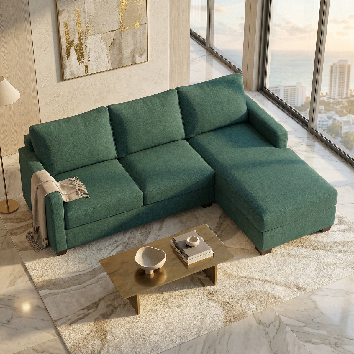 Damon L-Shaped Sectional Sofa – 120" Chaise Sectional in Fabric & Velvet - Velvet Antique Kelly Green - Velvet (3)