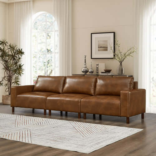 Luxury PU Leather Sofa 112" – Modern Faux Leather 3-Seat Couch with Wood Legs (3 Colors)