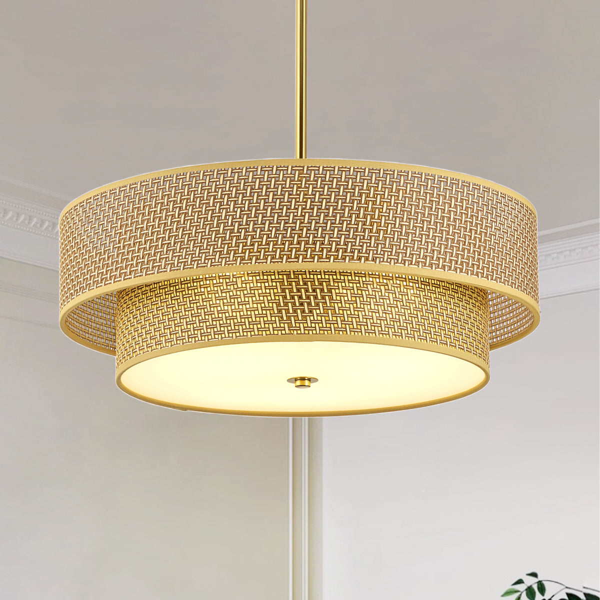 17.7 Inch Woven Rattan Linen Semi Flush Mount Ceiling Light Fixture, Modern Boho Drum Lamp Kitchen, Dining Room