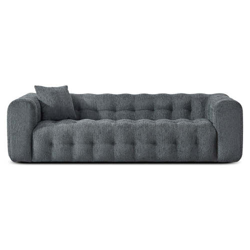 The Ashcroft Furniture Eden Modern Boucle Bubble Sofa 90 features a modern tufted design in gray boucle with square arms, a low back, and comes with a single matching cushion placed in one corner.