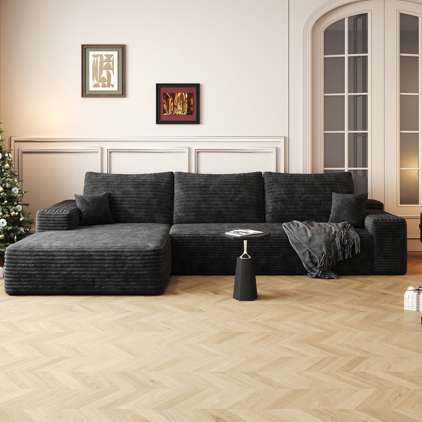 Sullivan Black Corduroy Cloud Modular Sectional – 107" L-Shaped Chaise Sofa, 3-Seat