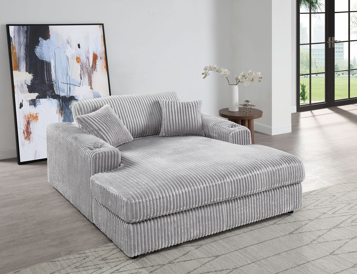 Oversized Gray Corduroy Deep Seat Chaise Lounge with Cup Holder &amp; 2 Pillows – Modern Comfy Accent Chair