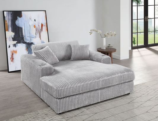 Oversized Gray Corduroy Deep Seat Chaise Lounge with Cup Holder &amp; 2 Pillows – Modern Comfy Accent Chair