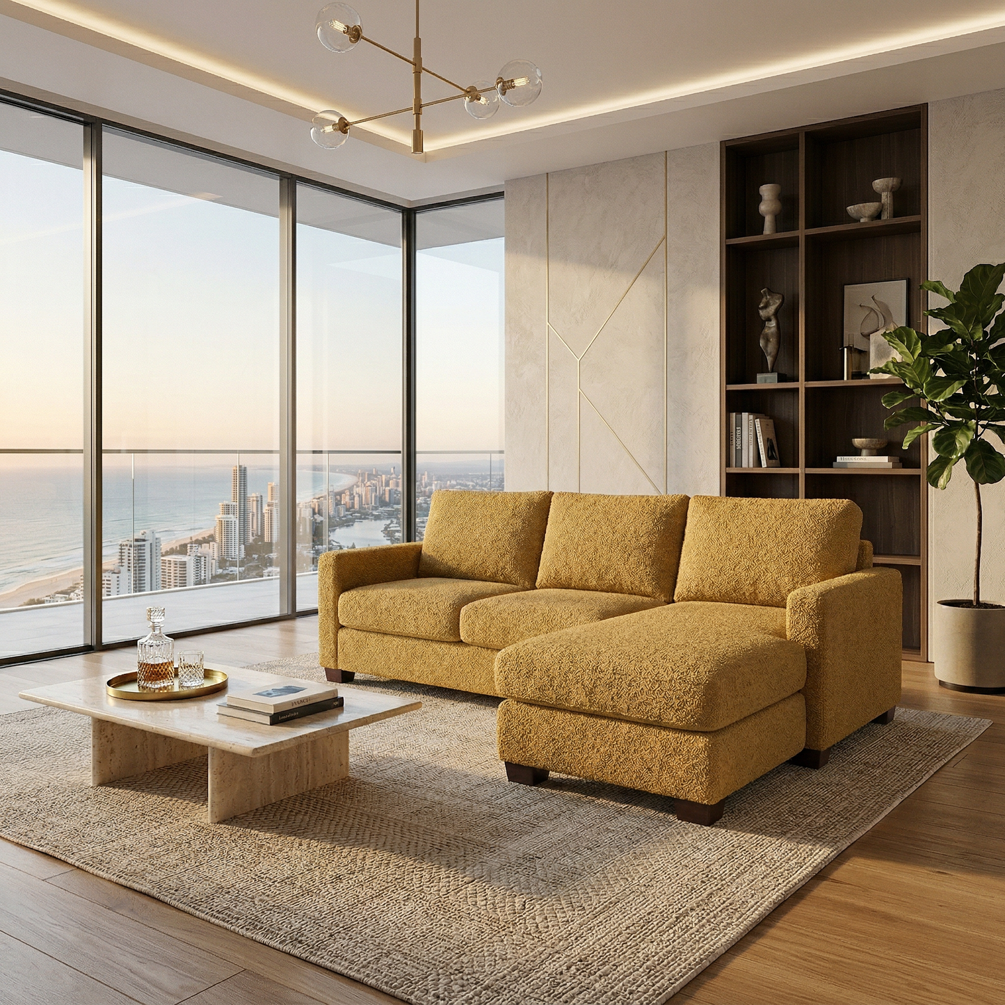 Damon L-Shaped Sectional Sofa – 120" Chaise Sectional in Fabric & Velvet - Yellow Hepburn Chai Tea Fabric (2)