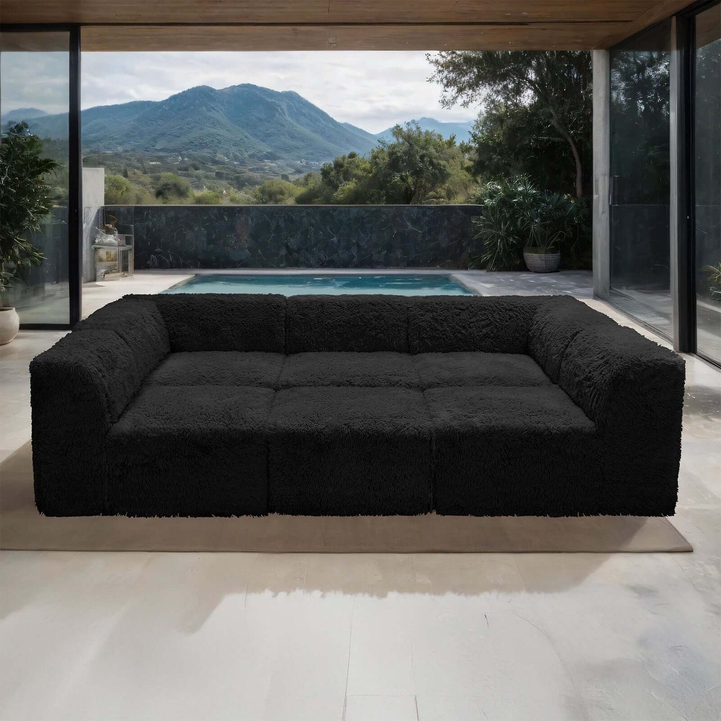 Ravenna Modular Sectional Day Bed – 107" 6-Piece Black Sofa with Ottoman
