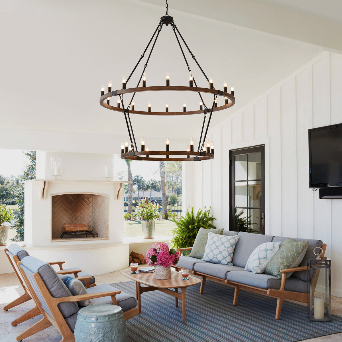 Large Solid Wood Wagon Wheel Chandelier,2Tier 32-Lights Farmhouse Industrial Country Style Round Pendant Light Fixture for Outdoor Porch high Ceilings Living Dining Room Foyer Entryway-Wood Grain