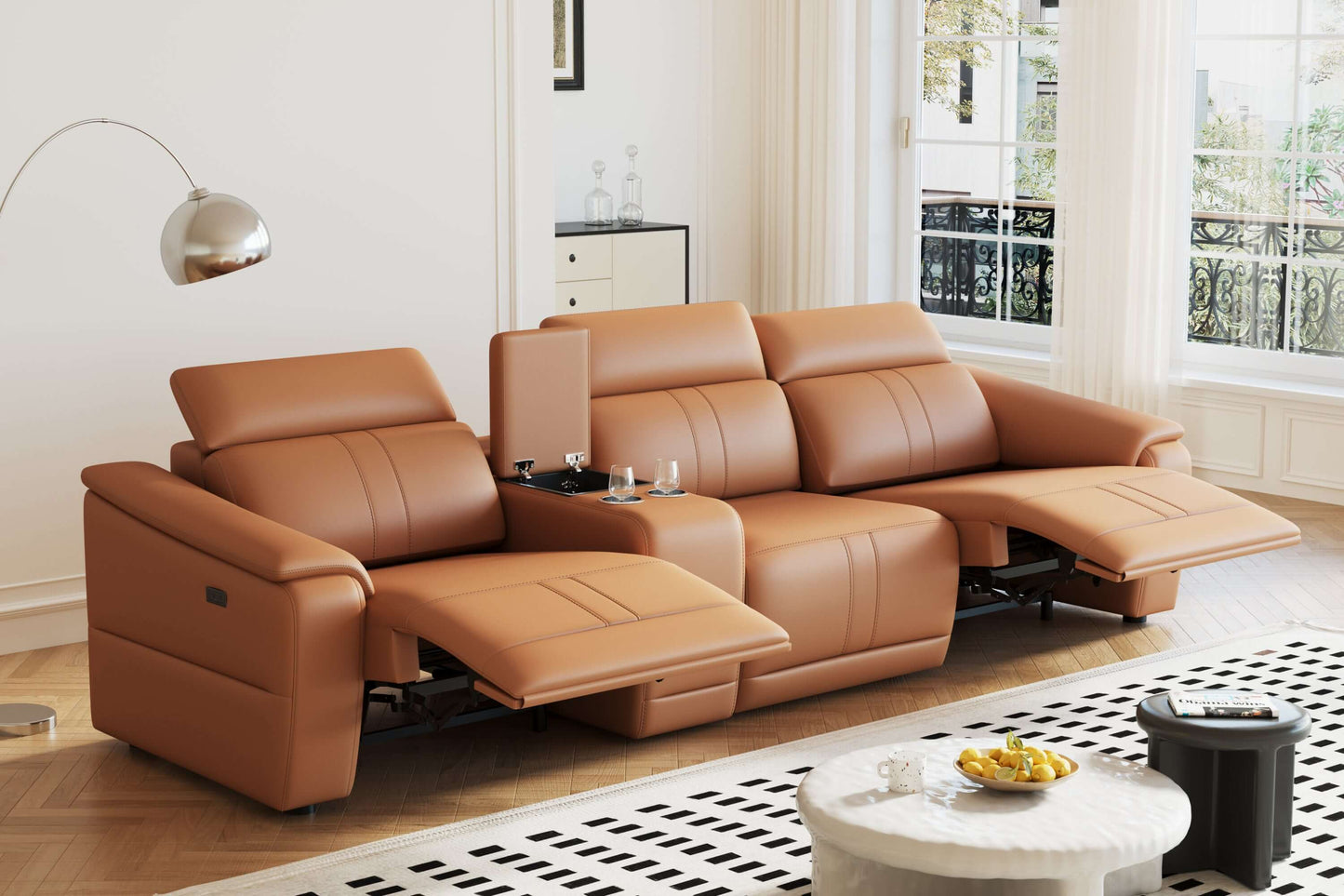 118" Modular Leather Recliner Sectional Sofa – 3-seat Power Reclining Sofa with Cup Holders in a modern living room.