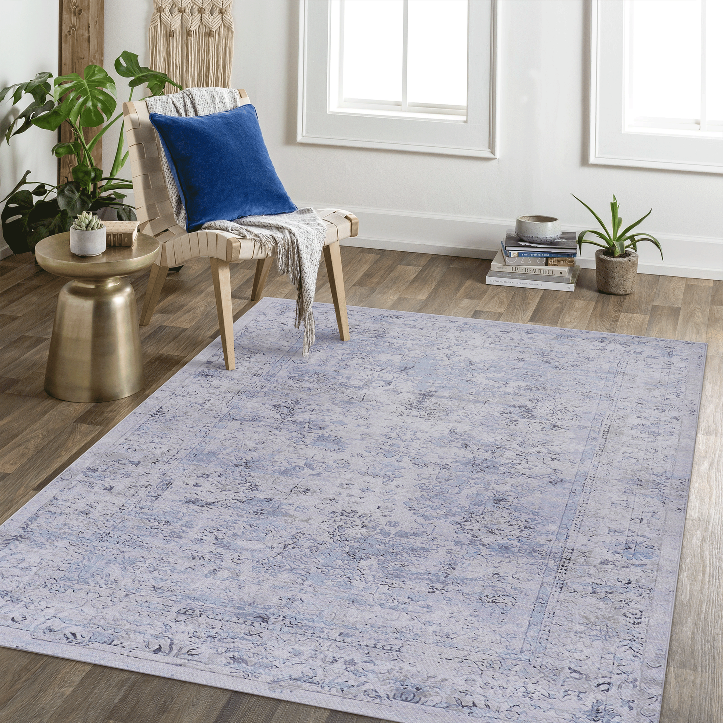 Larkin Blue & Cream Polyester Area Rug