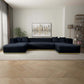 Nolan velvet U-shape sectional sofa with dual chaises in navy blue, featuring tufted cushions and gold accents.