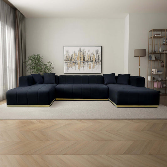 Nolan velvet U-shape sectional sofa with dual chaises in navy blue, featuring tufted cushions and gold accents.