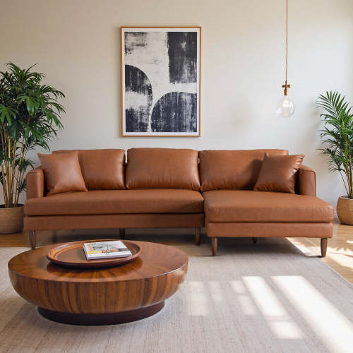 Cognac Leather Sectional Sofa Right-Facing Chaise 107” – in room setting