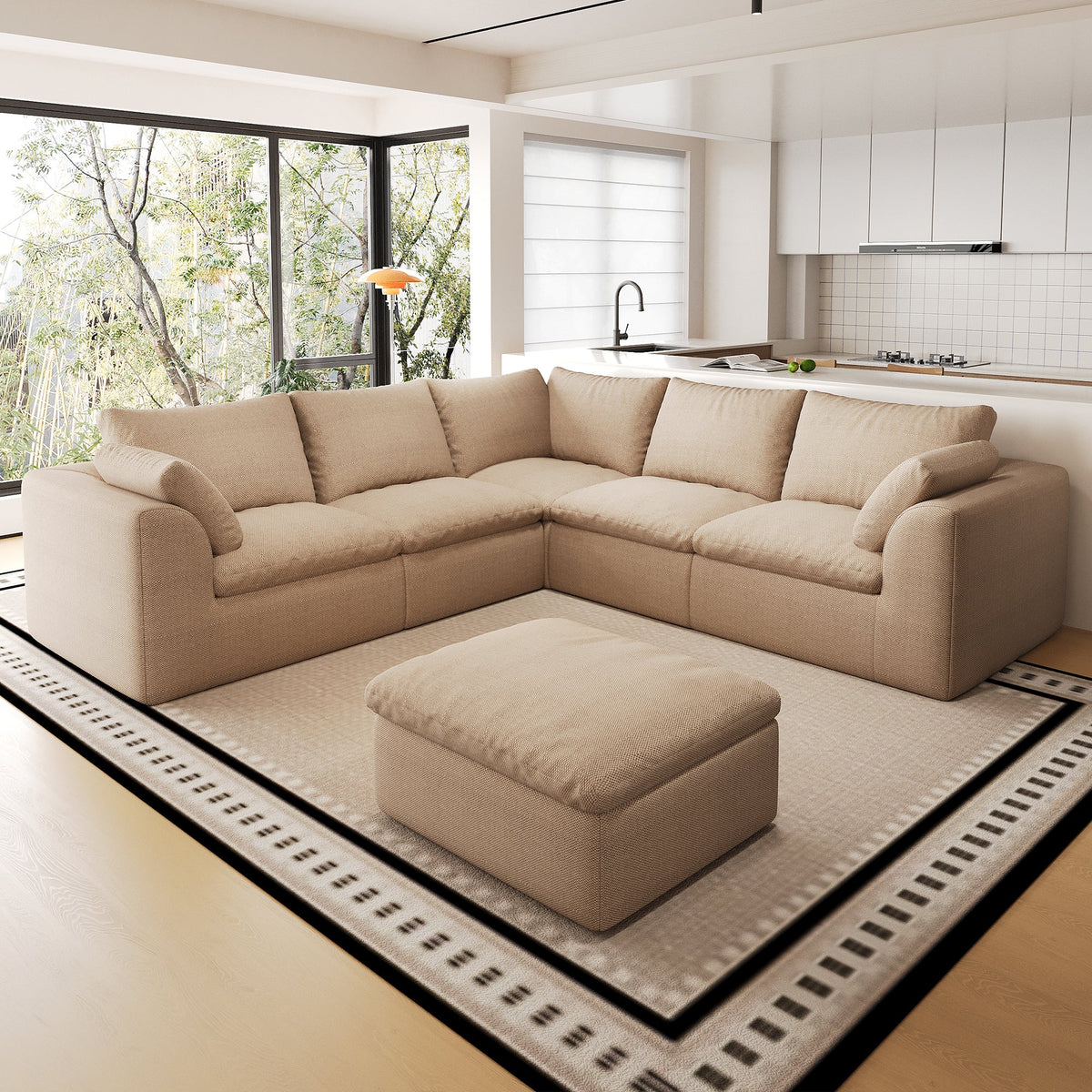 Pelham Cloud Modular Sectional in Khaki, 108.3" V-Shape with Ottoman