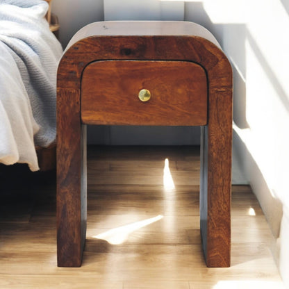 Darcy Chestnut Mango Wood Mini Nightstand – 11.8" Curved Edge 1-Drawer Bedside Table