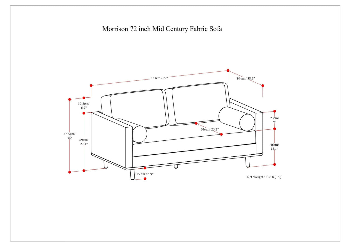 Morrison MCM Fabric Loveseat Sofa 72" – Modern Mid-Century Compact Loveseat (2 Colors) dimensions diagram