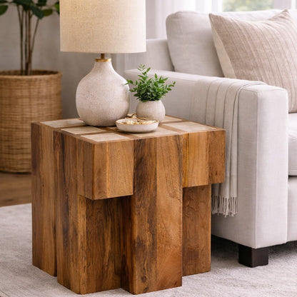 Thane Travertine Top Solid Wood Side Table – 22" Block End Table