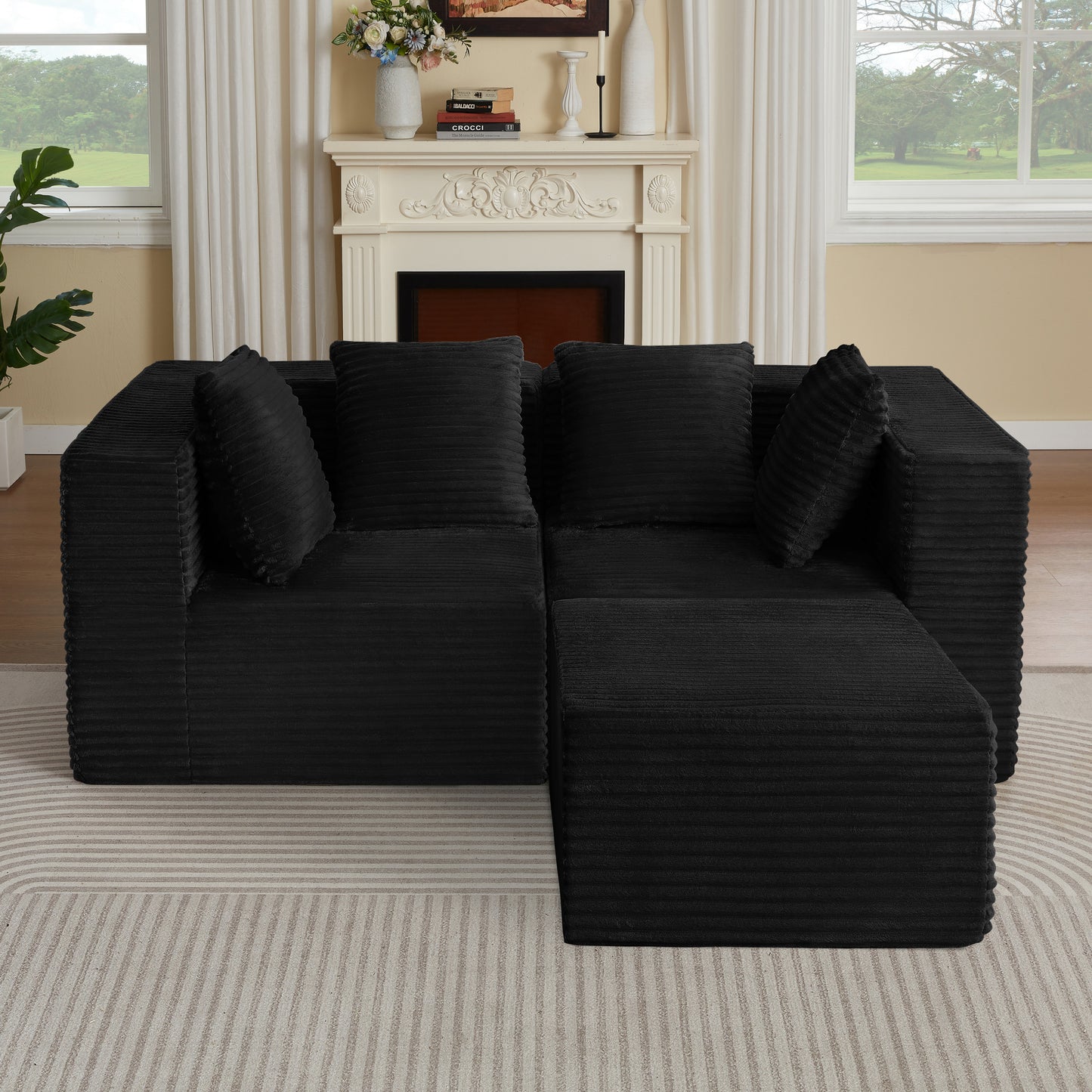 Abernathy Black Corduroy Modular Sofa – 3-Seat Boneless Compressed Couch