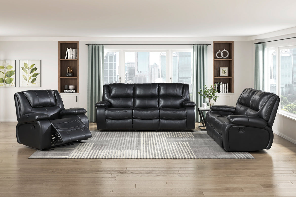 Cyrus Leather Reclining Sofa Set in Black