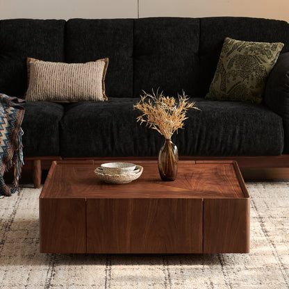 Dashwood Walnut Square Storage Coffee Table – 35.4" Two-Drawer Coffee Table