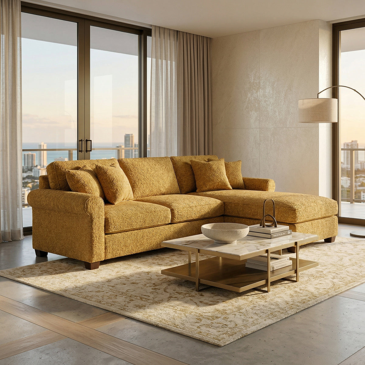 Irlanda Upholstered L-Shaped Sectional – 120" Made-in-USA Sectional Sofa - Hepburn Chai Tea Yellow Fabric (4)