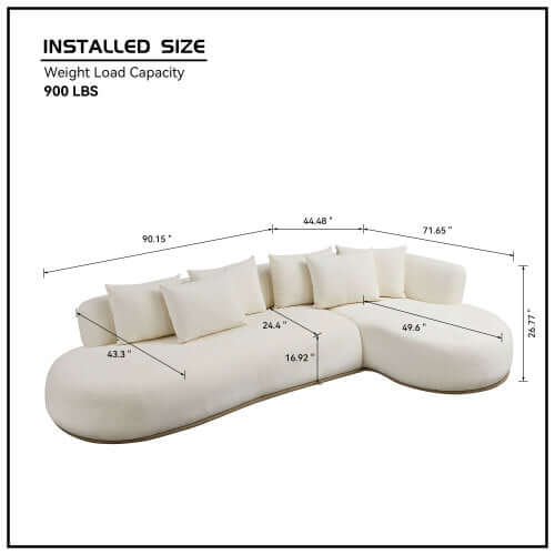 Dimensions and specifications of a white rounded L-shaped chaise sofa sectional, suitable for 900 lbs weight capacity.
