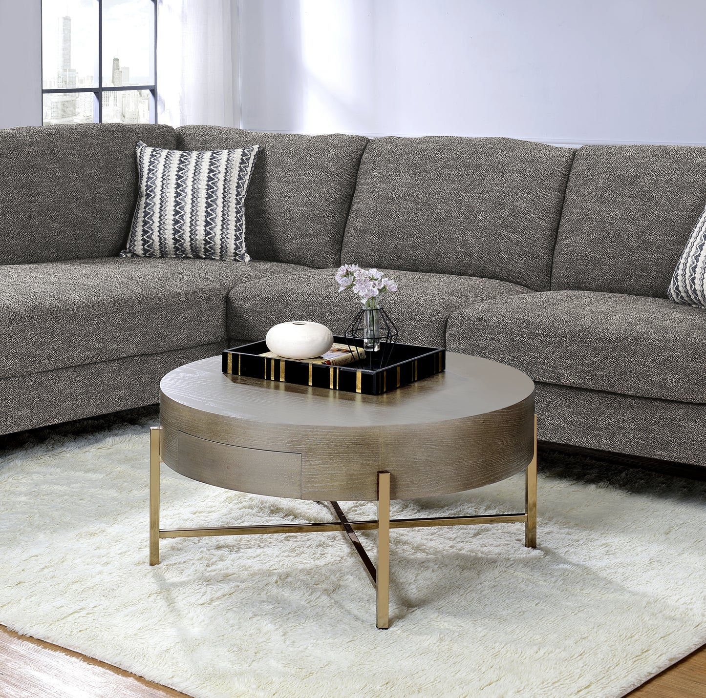 Weyton Light Brown & Champagne Drum Coffee Table – 32" Metal X-Base with Drawer